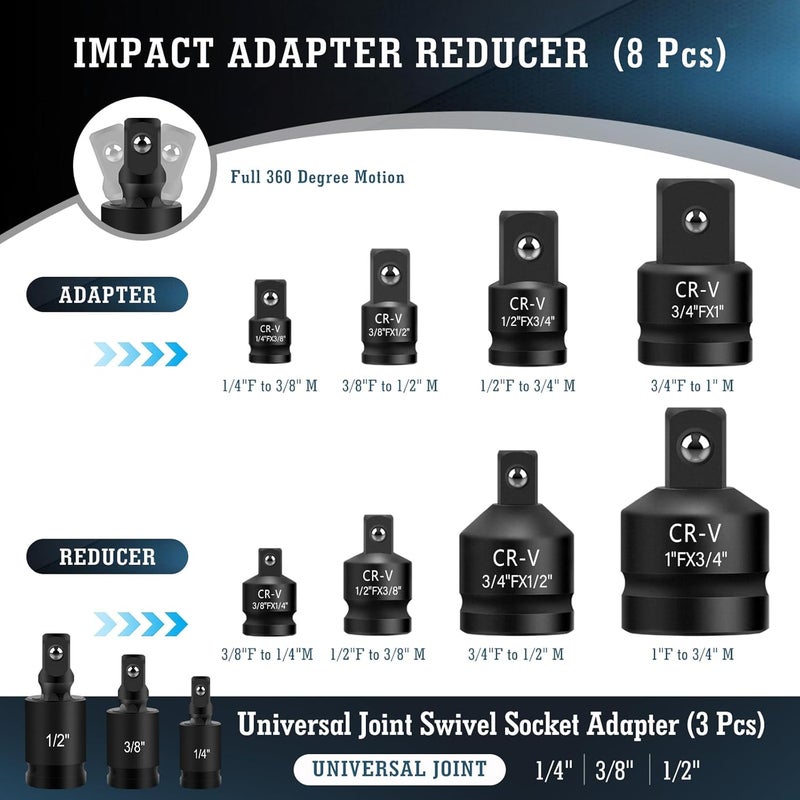Bornpye مجموعة محولات ومخفضات sockets 11 قطعة، 1/4" 3/8" 1/2" 3/4" 1" بوصة، محول مفتاح مربع، فولاذ CR-MO، للاستخدام مع المثاقب، قضبان الكسر، محركات الراتشيت، هدايا عيد الميلاد للبالغين - Image 2